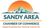 The logo for the sandy area chamber of commerce supporting business , growing community.