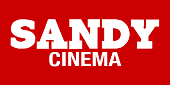 A red and white logo for sandy cinema