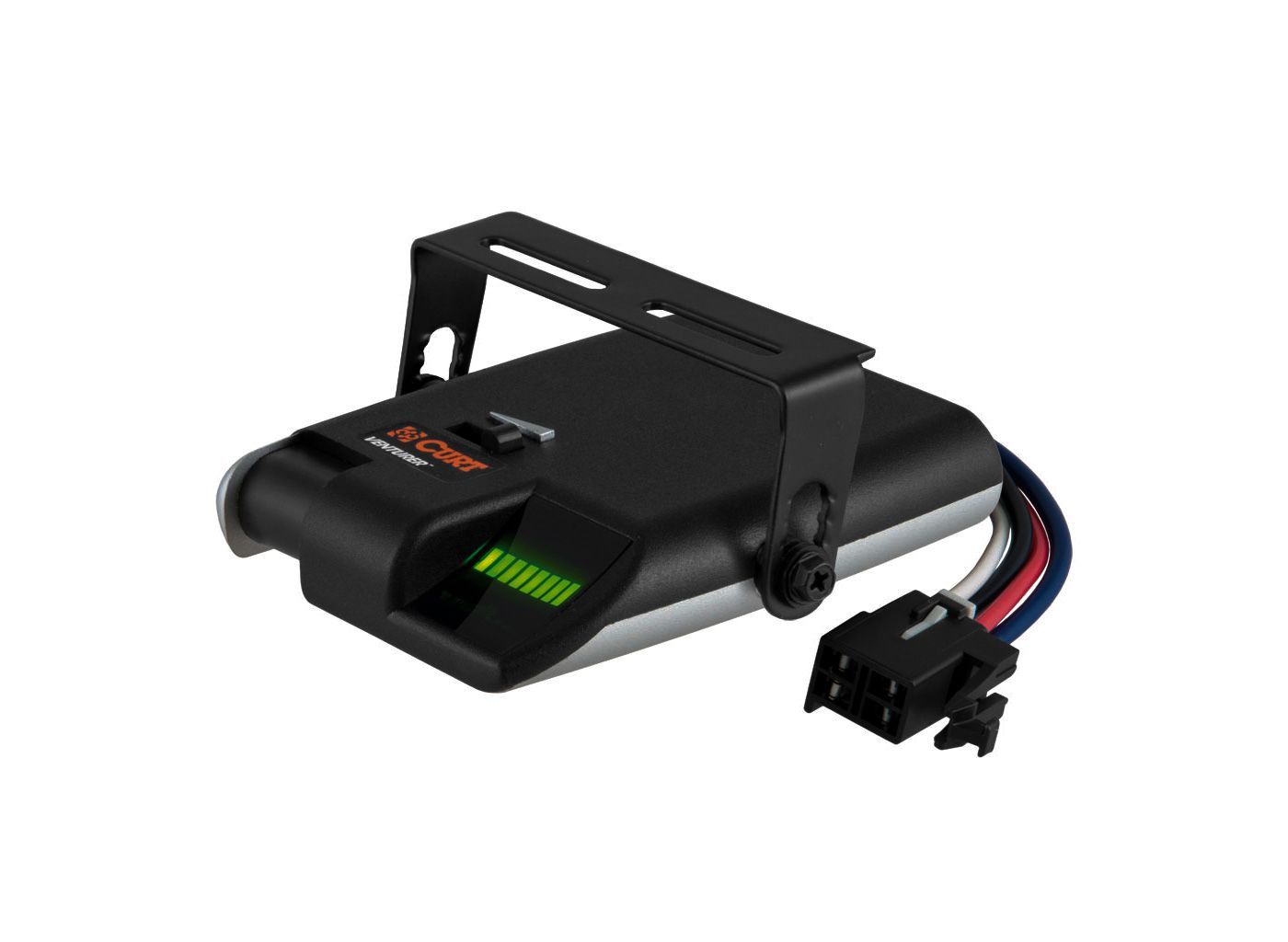 A black device with wires attached to it on a white background.