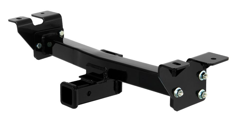 A black tow bar with a hitch attached to it on a white background.