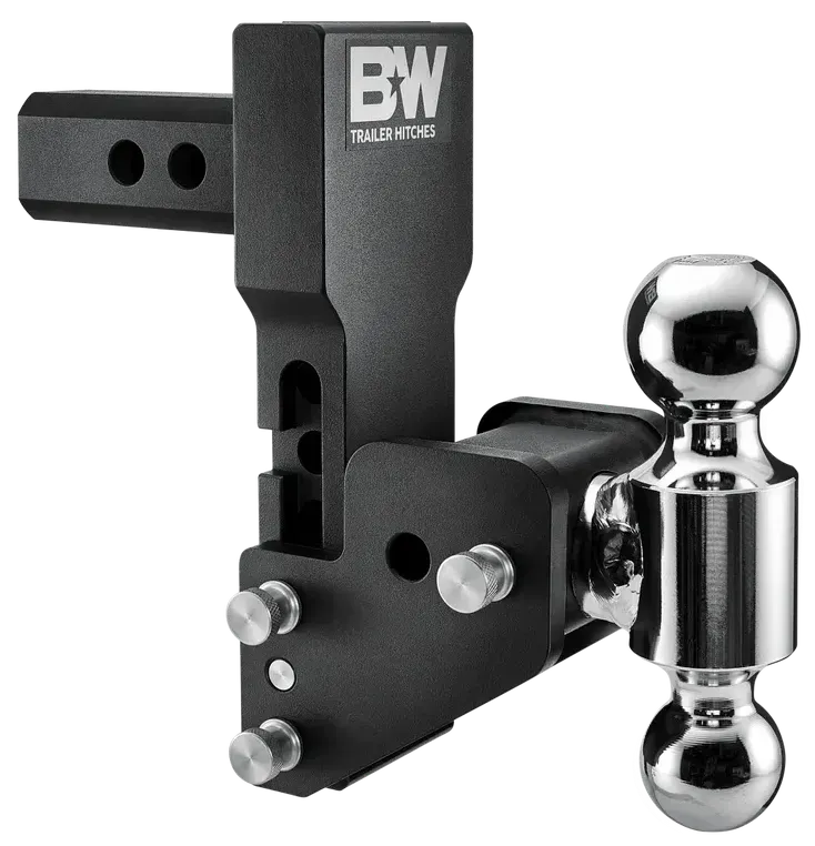 A black bw trailer hitch with a chrome ball