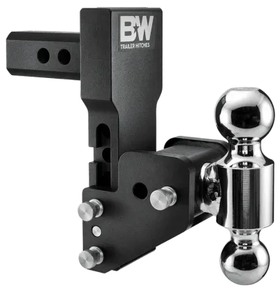A black bw trailer hitch with a chrome ball