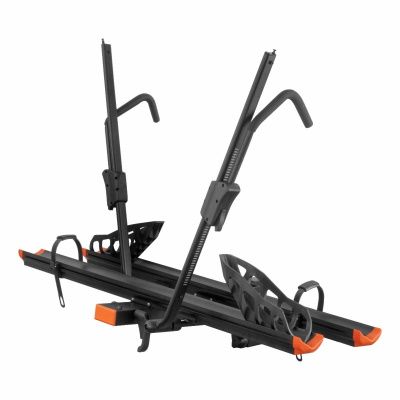 A black and orange bike rack on a white background.