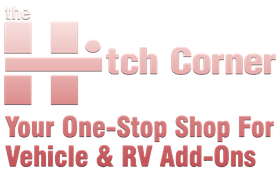 A logo for the hitch corner your one stop shop for vehicle and rv add-ons