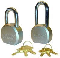 A pair of padlocks with keys attached to them on a white background.