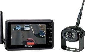 A wireless rear view camera with a monitor attached to it.