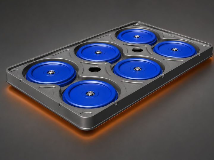 Forma circular azul com seis compartimentos sobre uma bandeja cinza, em fundo escuro.