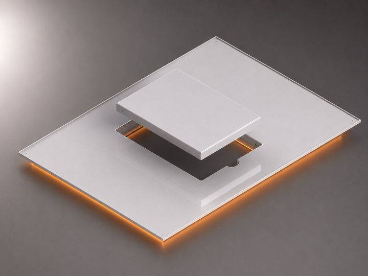 Plataforma geométrica minimalista em 3D com placas brancas empilhadas e bordas laranja brilhantes sobre um fundo cinza.