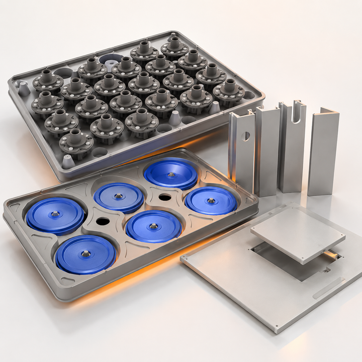 Bandejas e divisórias modulares variadas em tons de cinza e azul, dispostas sobre um fundo branco.