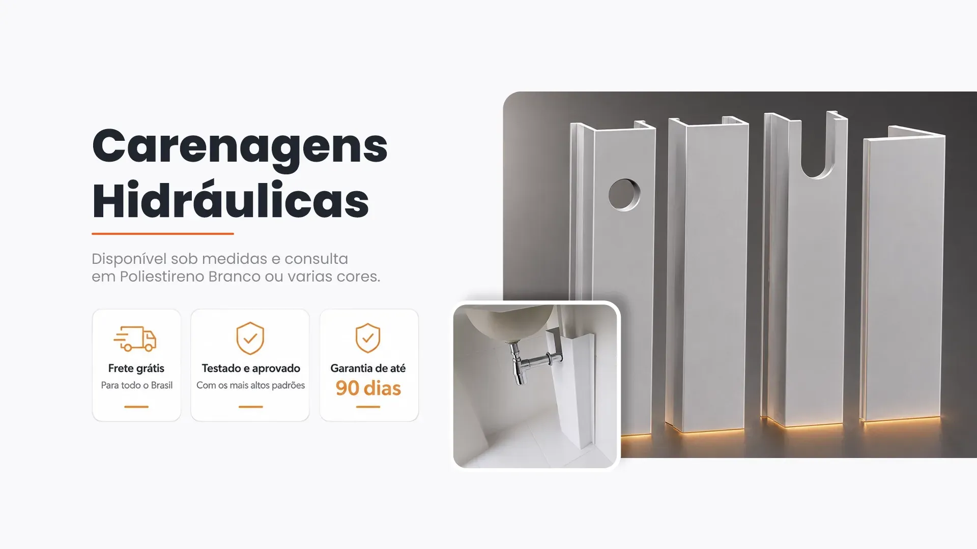 Carenagens hidráulicas: painéis metálicos e um pequeno detalhe de uma peça de máquina industrial sobre um fundo claro.