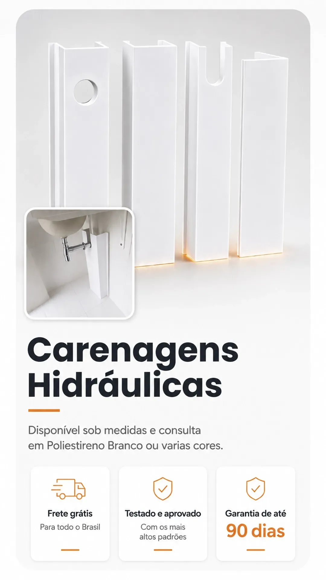 Carenagens hidráulicas em acrílico transparente, com destaque para produção, qualidade e prazo de 90 dias.