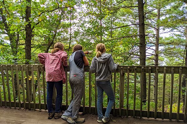 Three adolescents are standing on a wooden deck looking through at a forest and pointing at a lake.