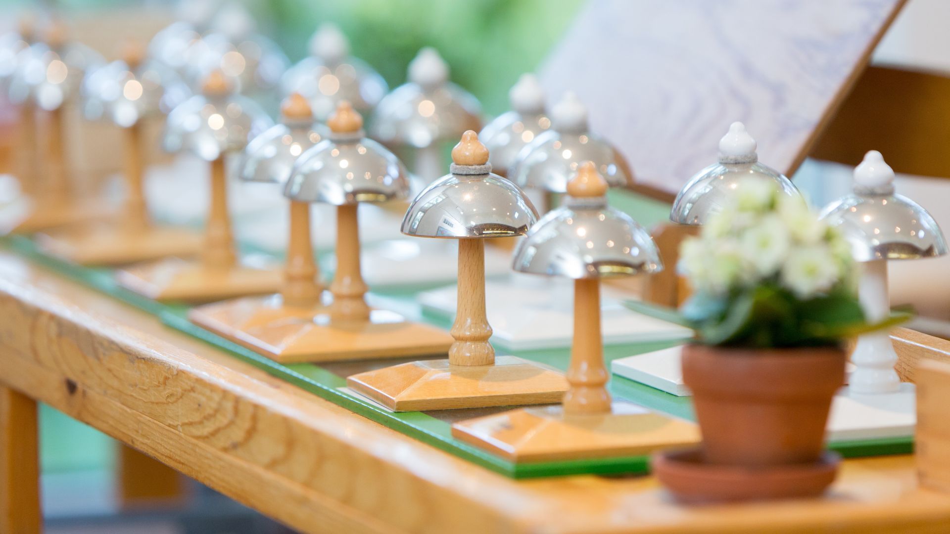 A row of bells sitting on top of a wooden table next to a potted plant.