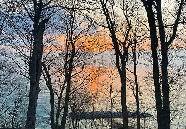 A sunset over a lake with trees in the foreground