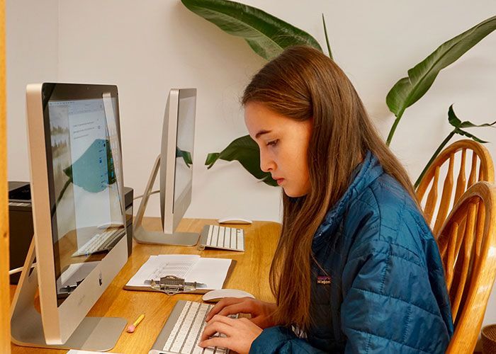 A woman is sitting at a desk using a computer.