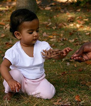 A little girl is sitting on the grass playing with leaves