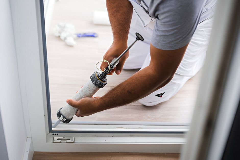 A man is applying sealant to a window frame.