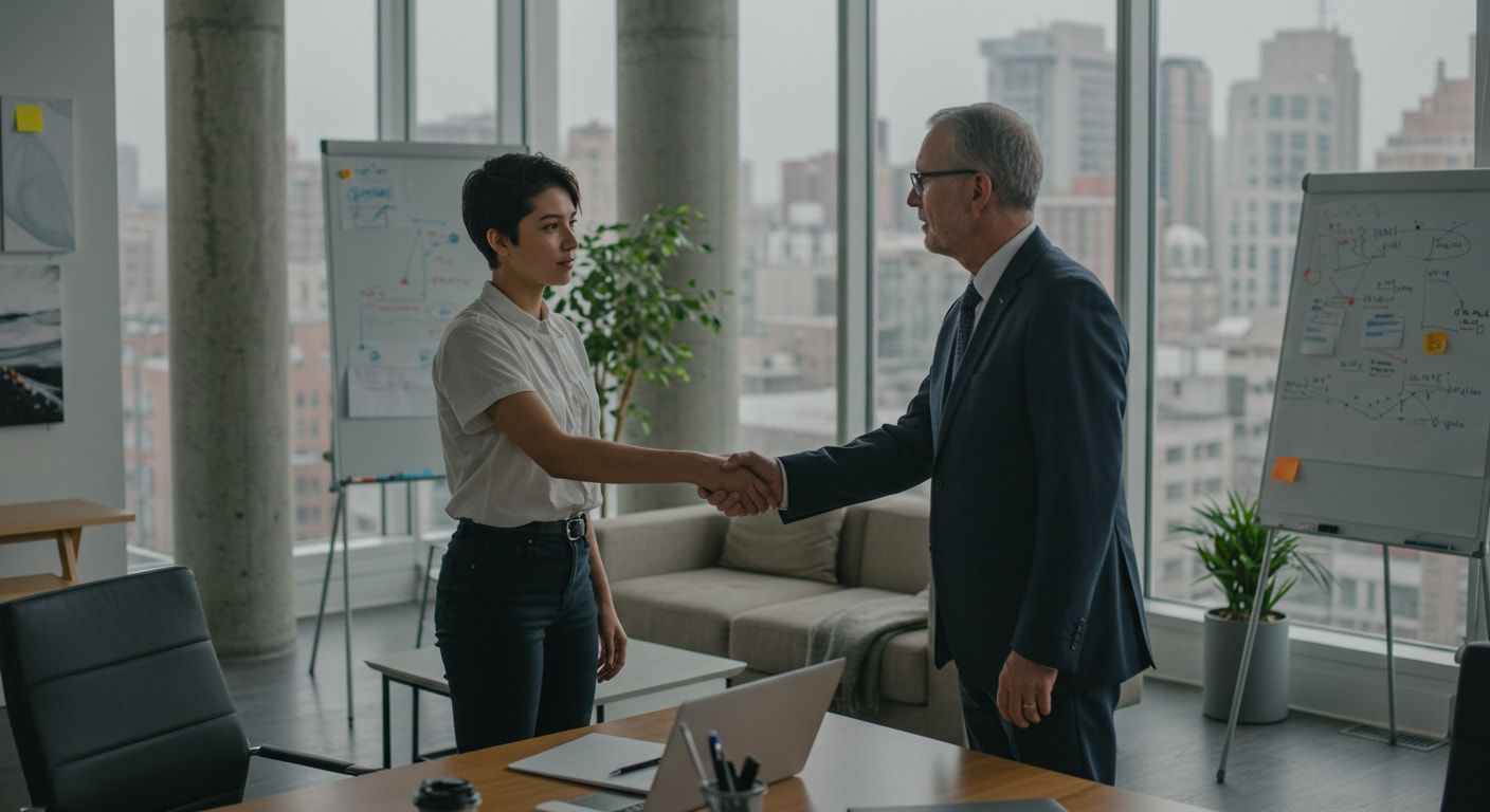 A leading investor shaking the hand of a founder after a successful pitch