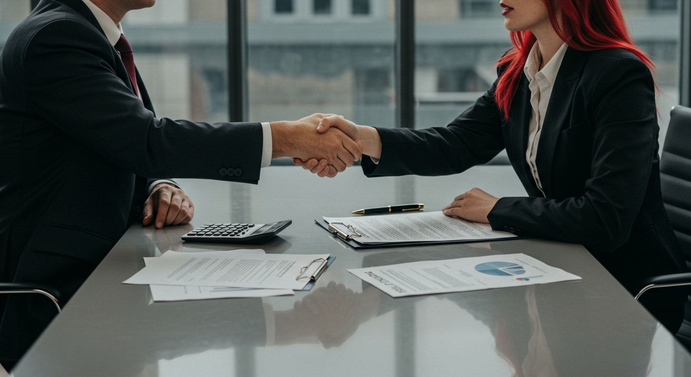 Business professionals shaking hands over financial documents after negotiating processor rates