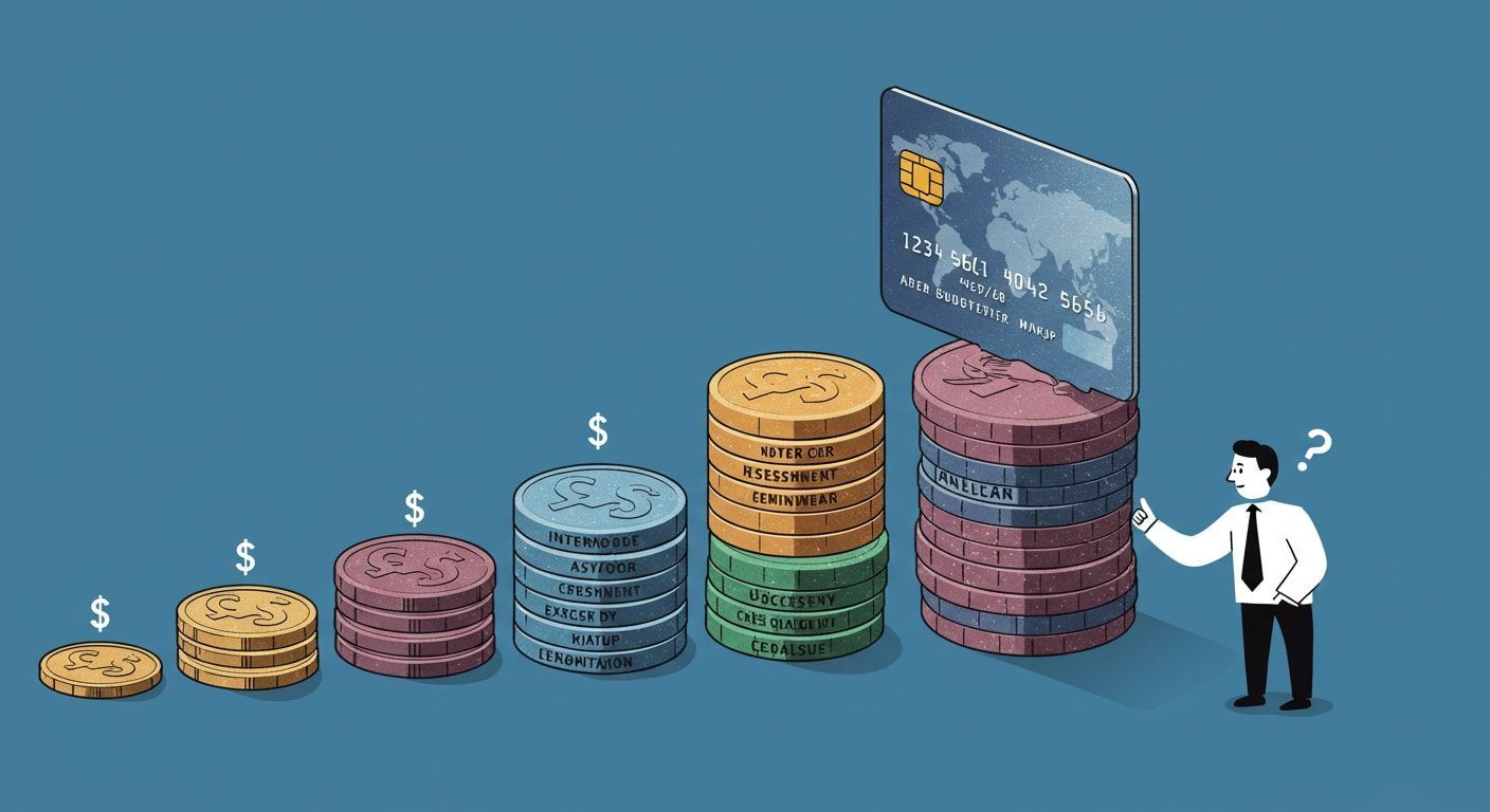 Different sets of coins depicting the various types of credit card transaction fees