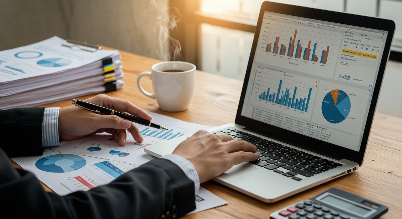 A fractional CFO reviewing financial data and reports for a startup