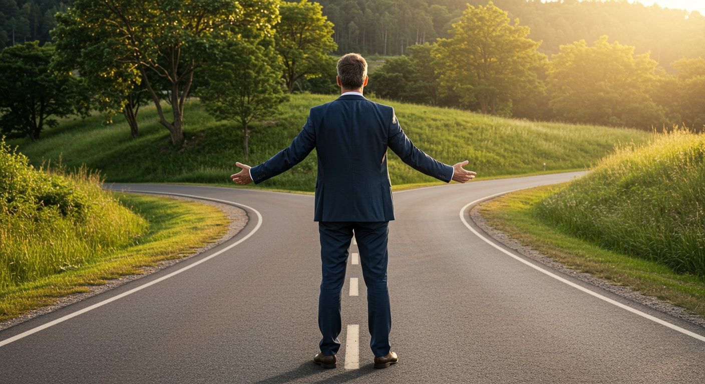 A businessowner standing at a fork in the road, trying to decide the best path forward. 