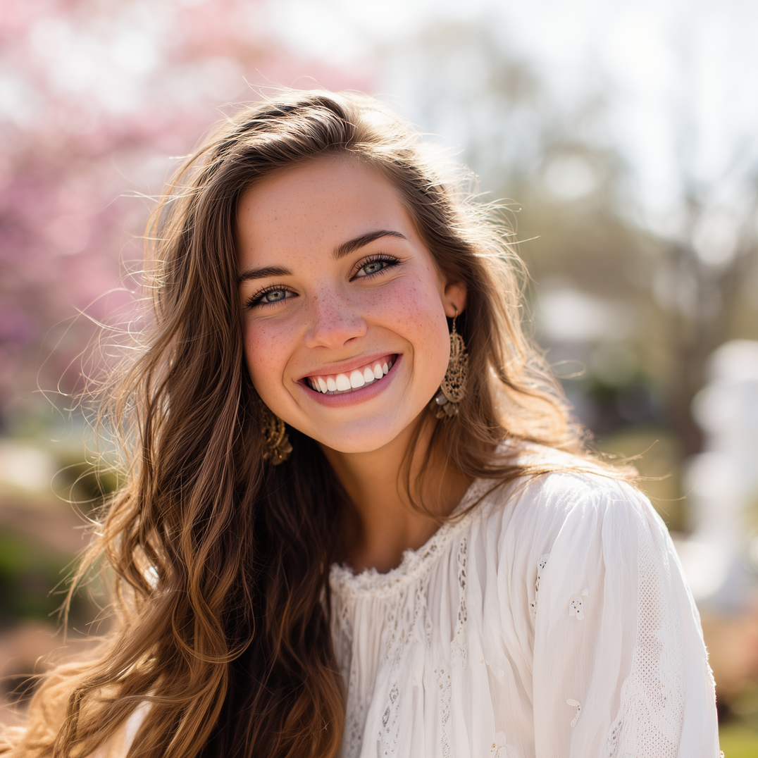 A smiling person with long brown hair wearing a white top outdoors with soft, blurred background foliage.