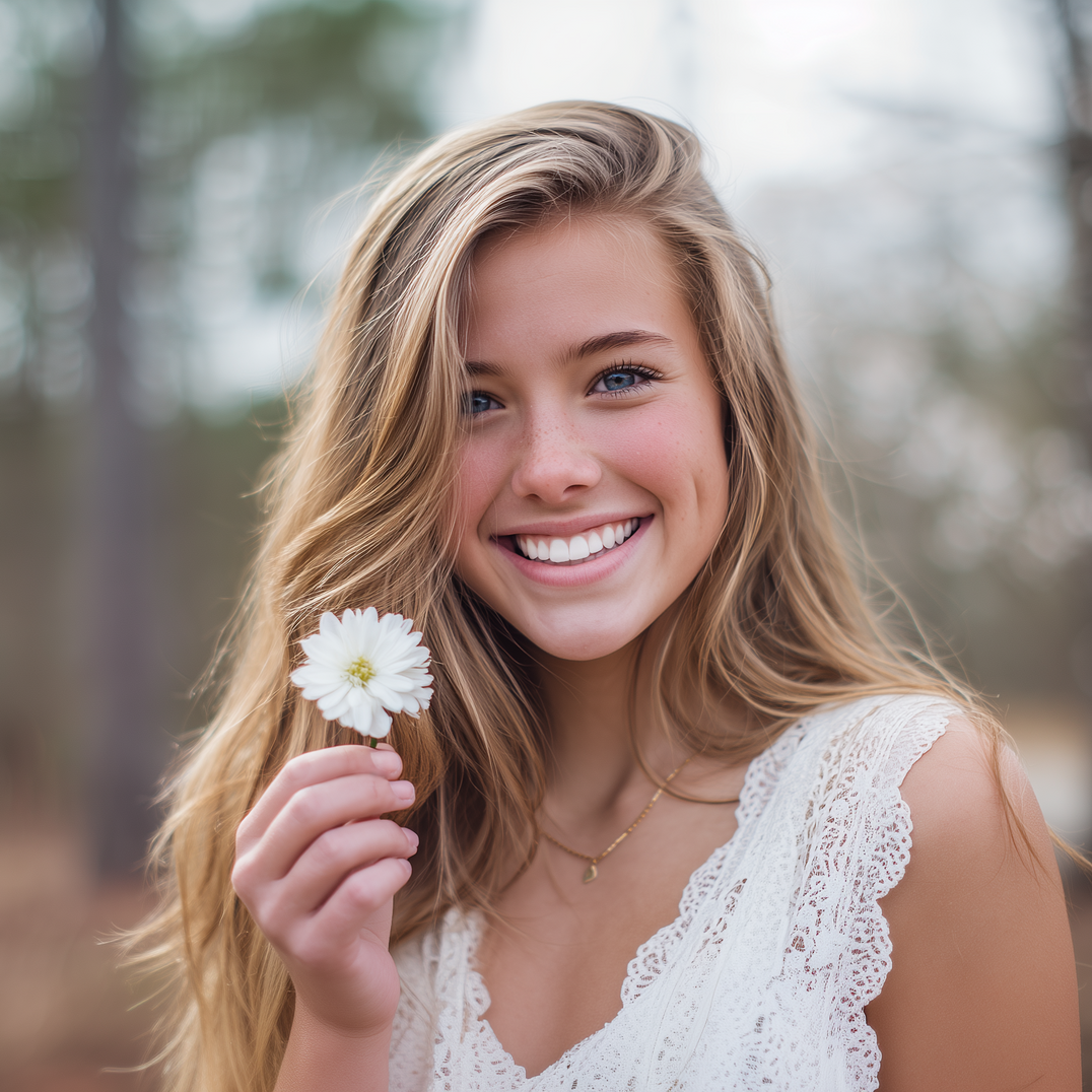 Woman with blonde hair smiles, holding a white daisy. She wears a white lace top, outdoors.