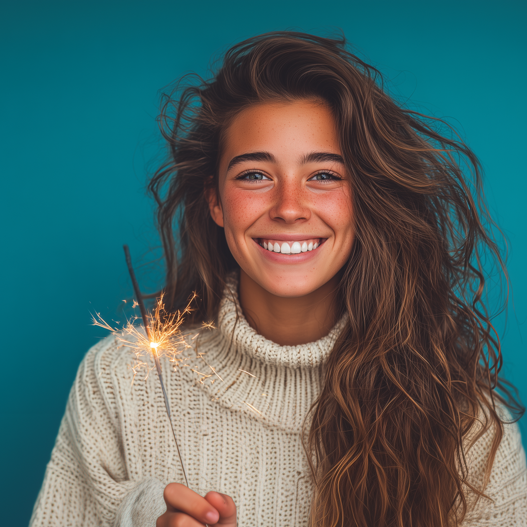 Woman with wavy brown hair smiles, holding a lit sparkler, wearing a cream sweater, against a teal background.