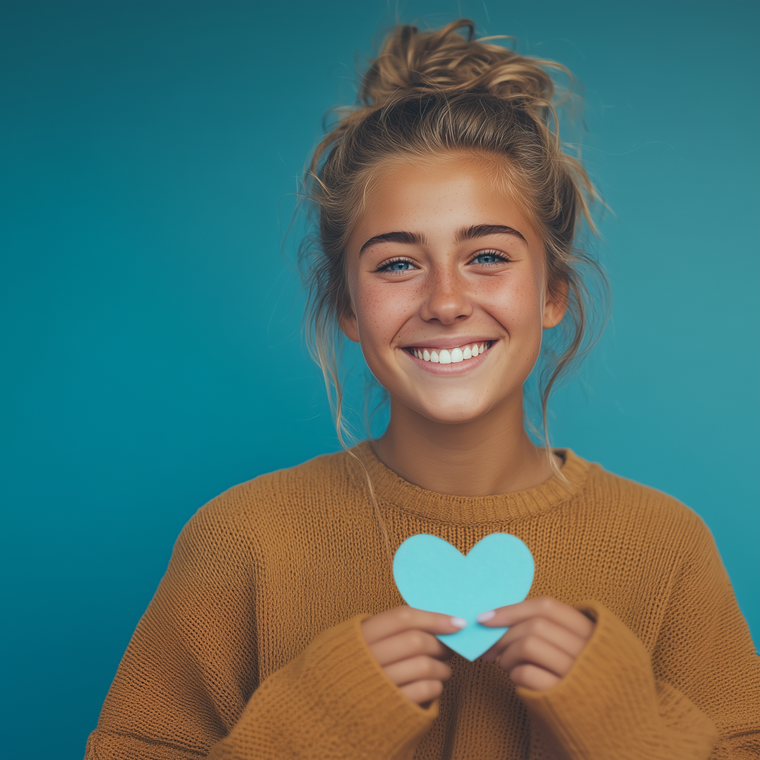Young person smiles holding a light blue heart in front of a blue backdrop.