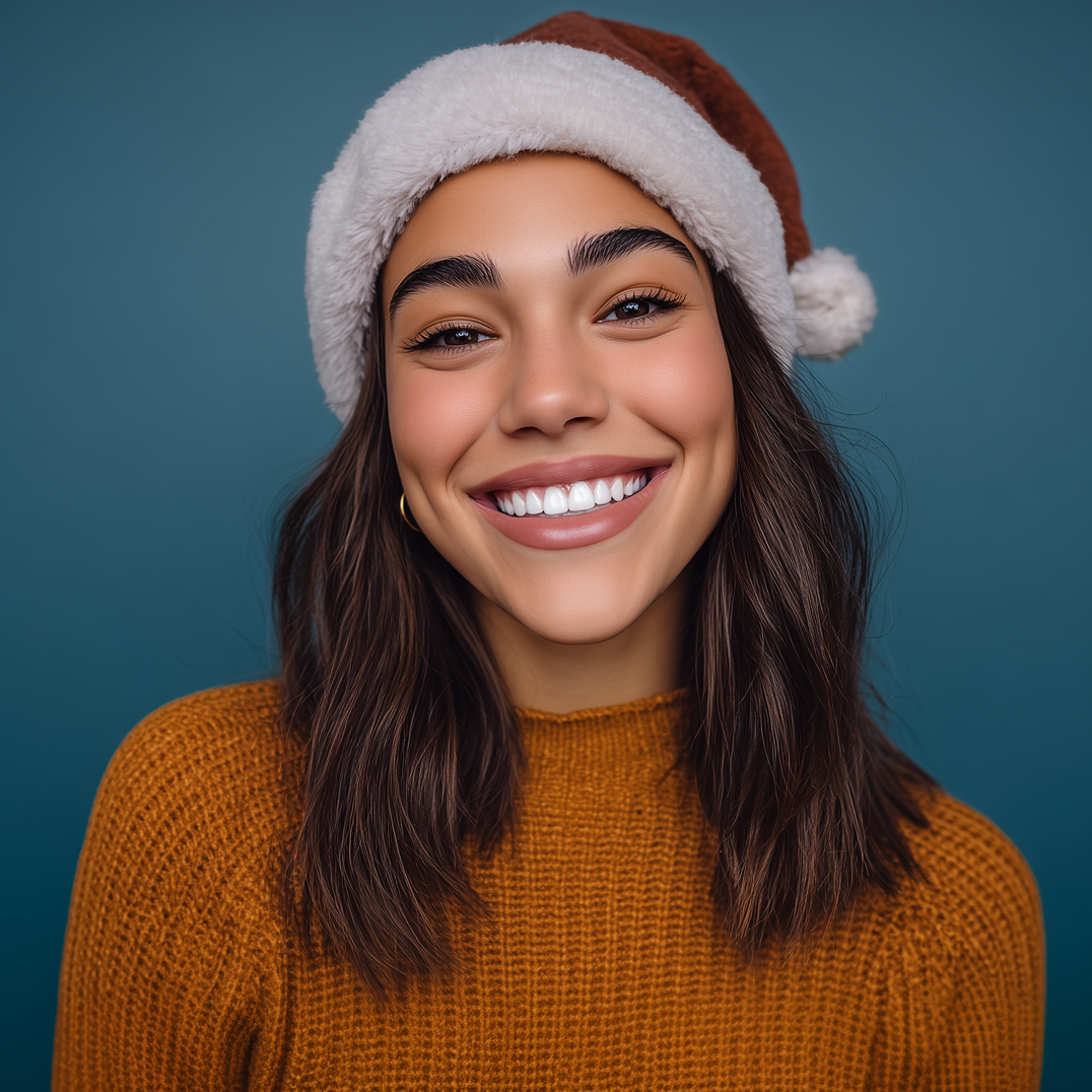 Woman wearing a Santa hat and orange sweater, smiling against a blue background.
