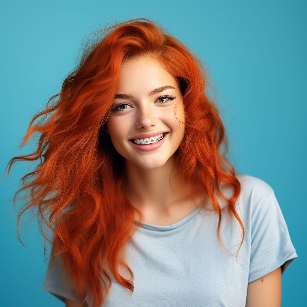 a teenage girl with long red hair and braces is smiling and wearing a grey shirt .