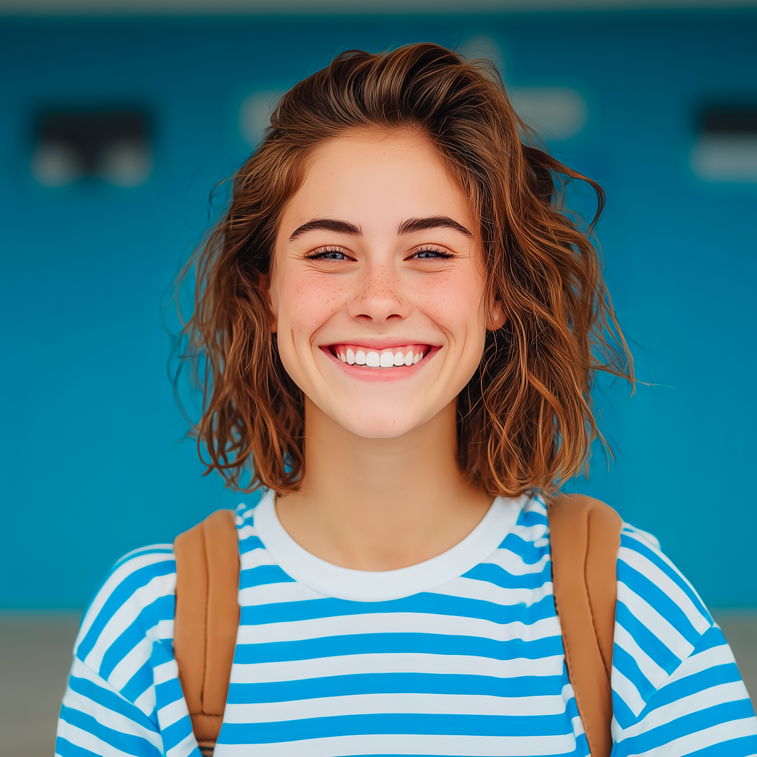 Young woman with brown curly hair and backpack smiles broadly, wearing a blue and white striped shirt, with a blue background.