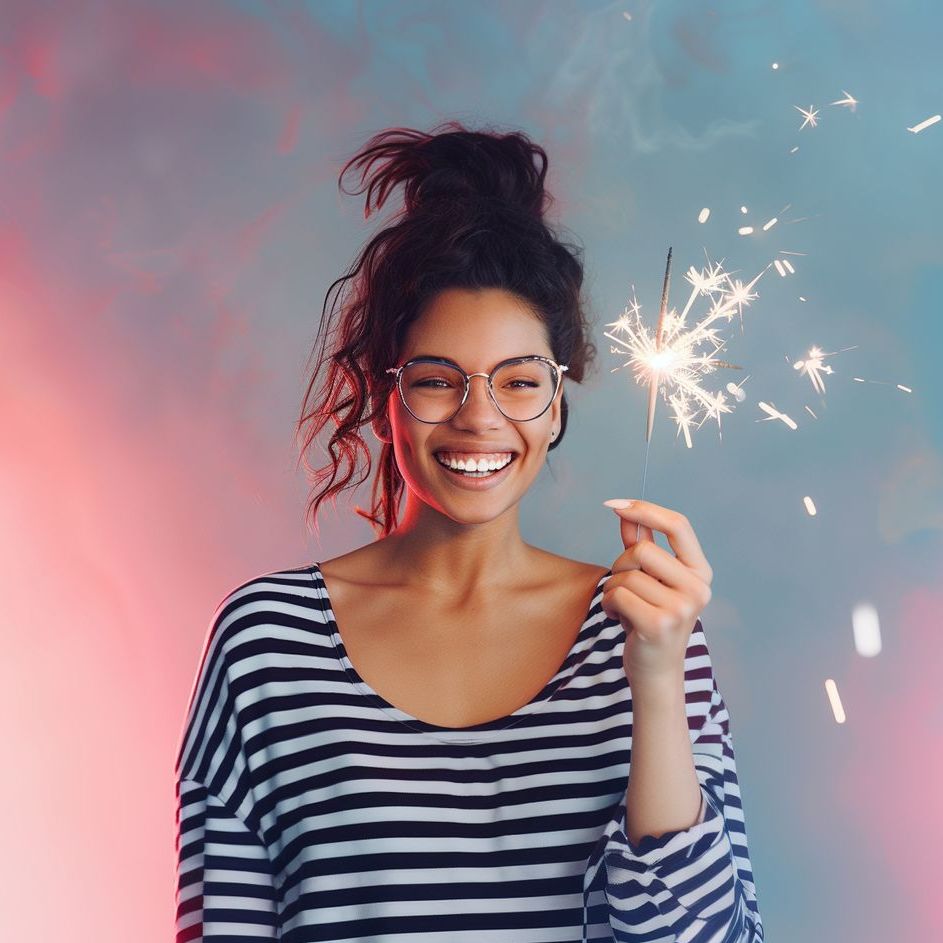 A woman is holding a sparkler in her hand and smiling.