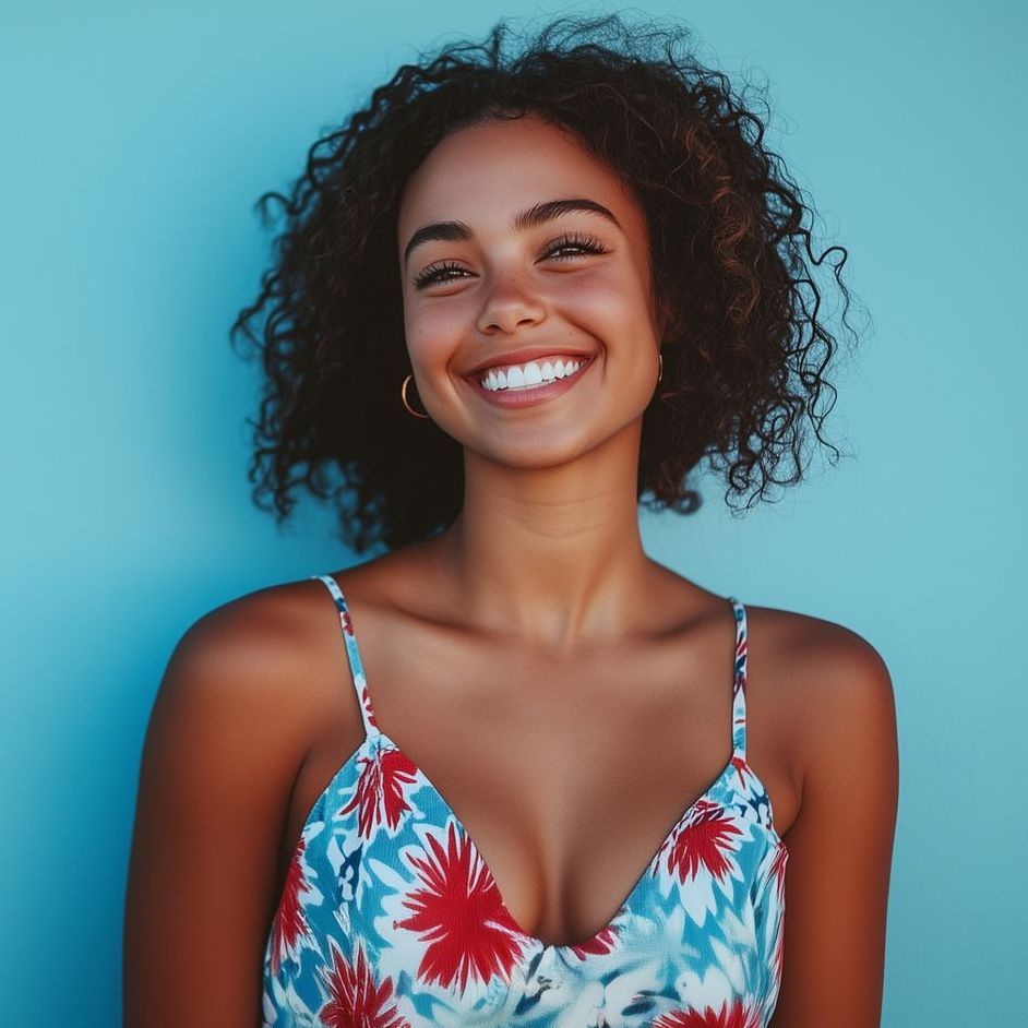 A woman in a floral dress is smiling in front of a blue wall.
