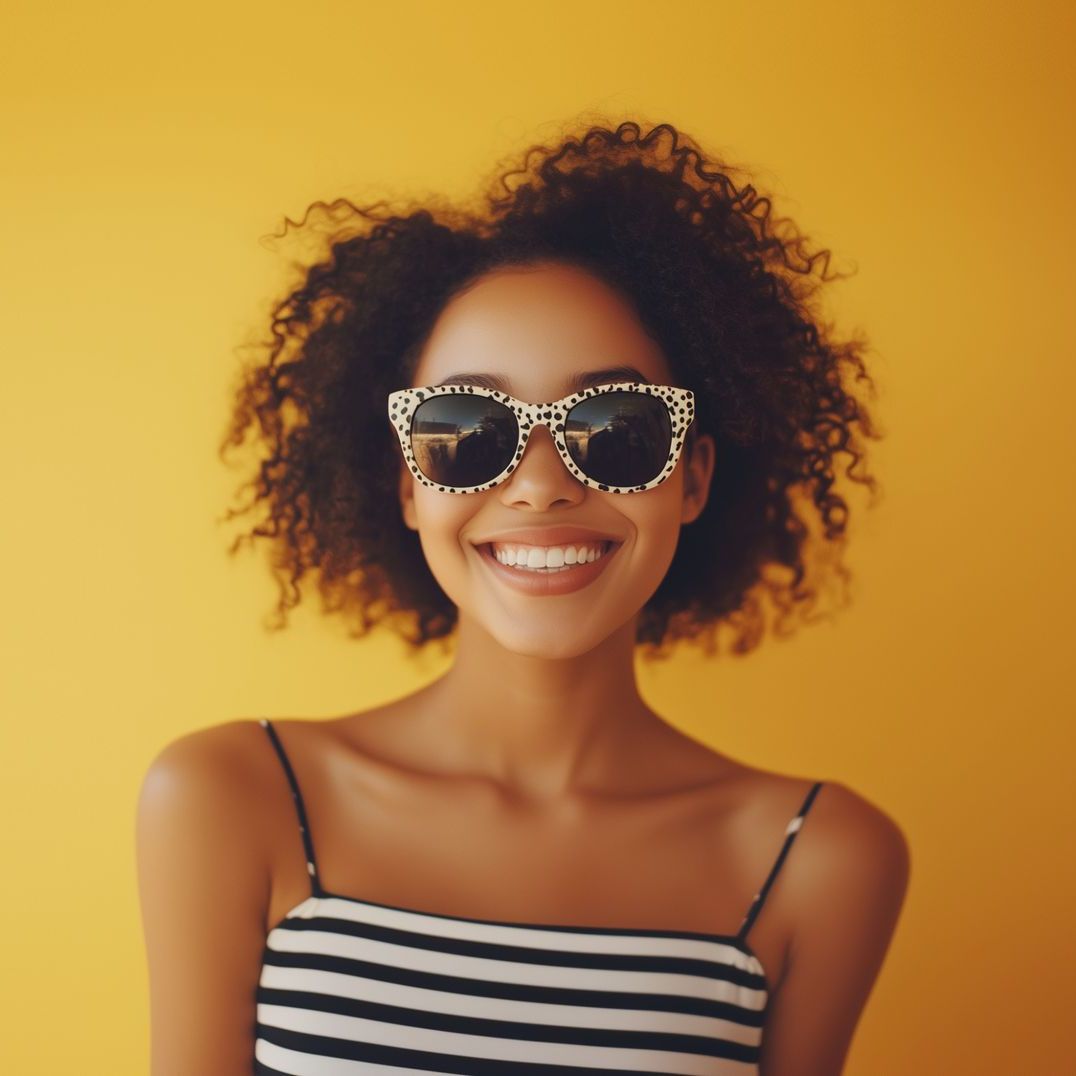 A woman wearing sunglasses and a striped top is smiling