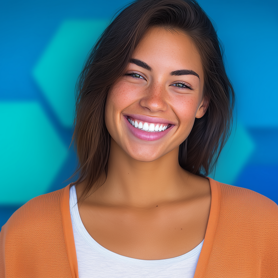 Woman smiling widely, wearing orange sweater and white shirt, in front of blue geometric background.