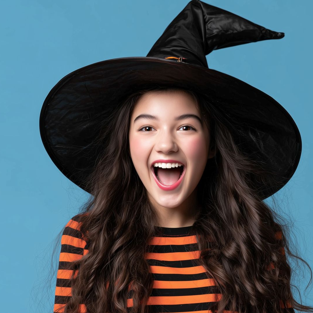 Girl in witch hat and orange striped shirt smiles widely against a blue background.