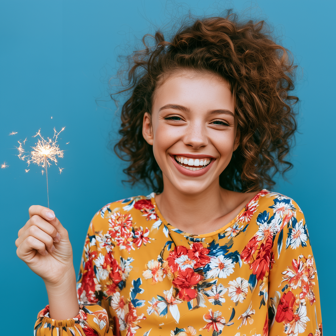 Smiling person in a yellow floral top holding a lit sparkler against a blue background