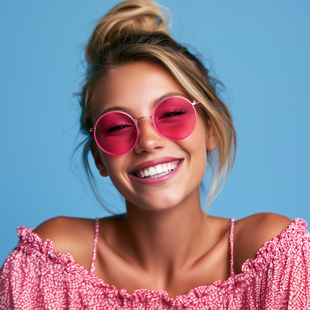 Smiling woman wearing pink round sunglasses and a pink off-shoulder top against a blue background