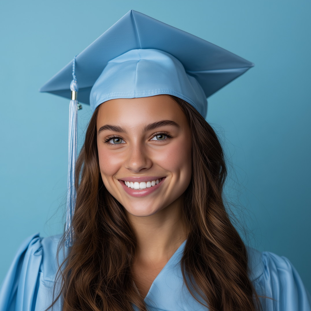 Smiling graduate in a light blue cap and gown against a blue background