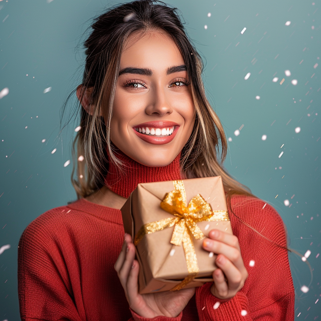 A woman in a red sweater is holding a gift box with a gold bow.