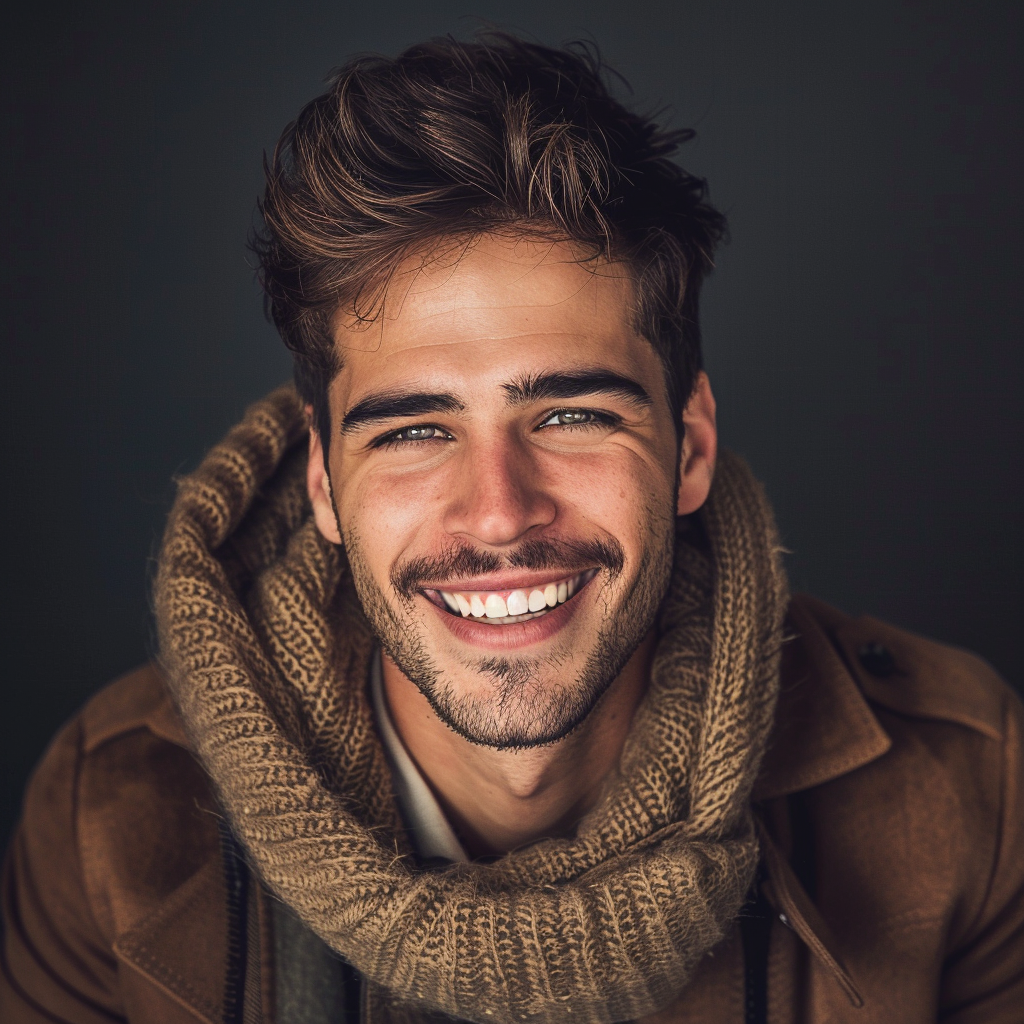 A man wearing a scarf around his neck smiles for the camera