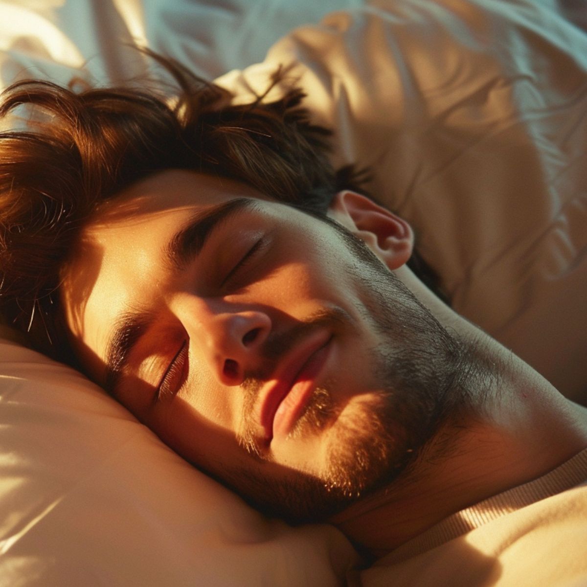 A man with a beard is sleeping in a bed with his eyes closed