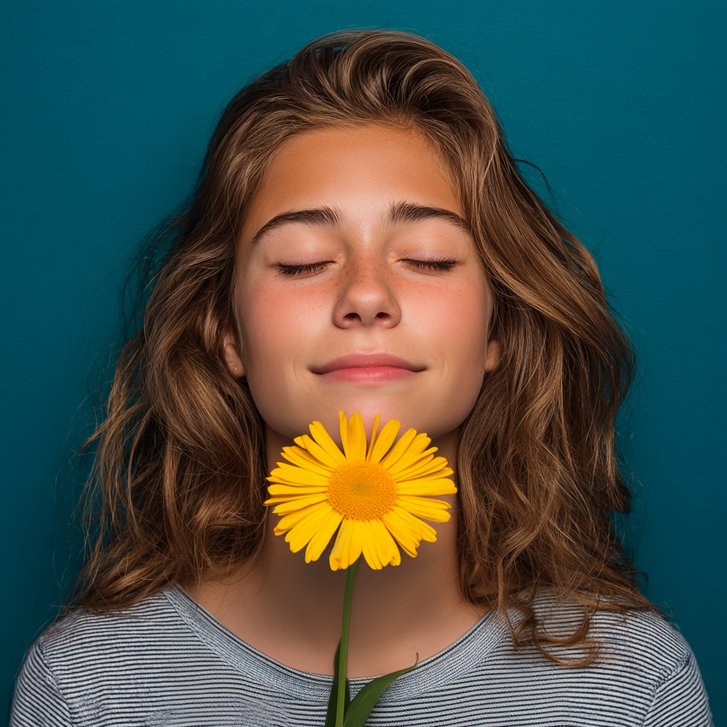 teenage girl with her eye closed, smiling