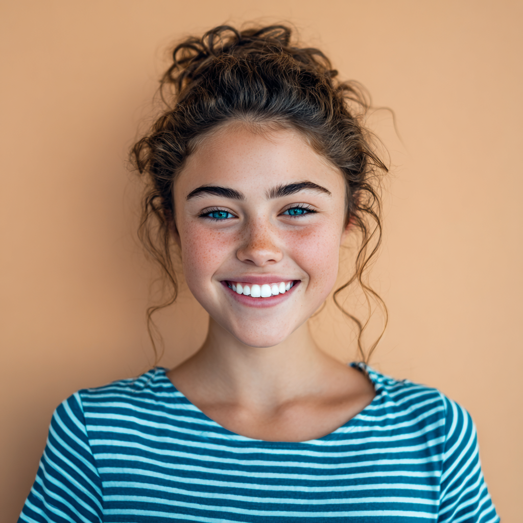 Young woman with curly brown hair in a bun, smiling, freckles, wearing a blue striped shirt against a peach background.