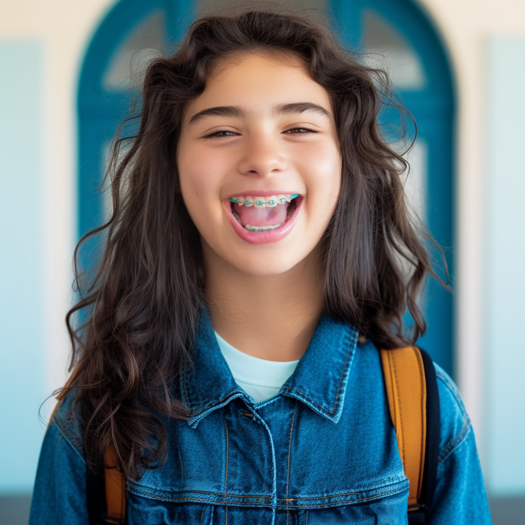 Smiling girl with braces, long wavy hair, wearing a denim jacket and backpack.