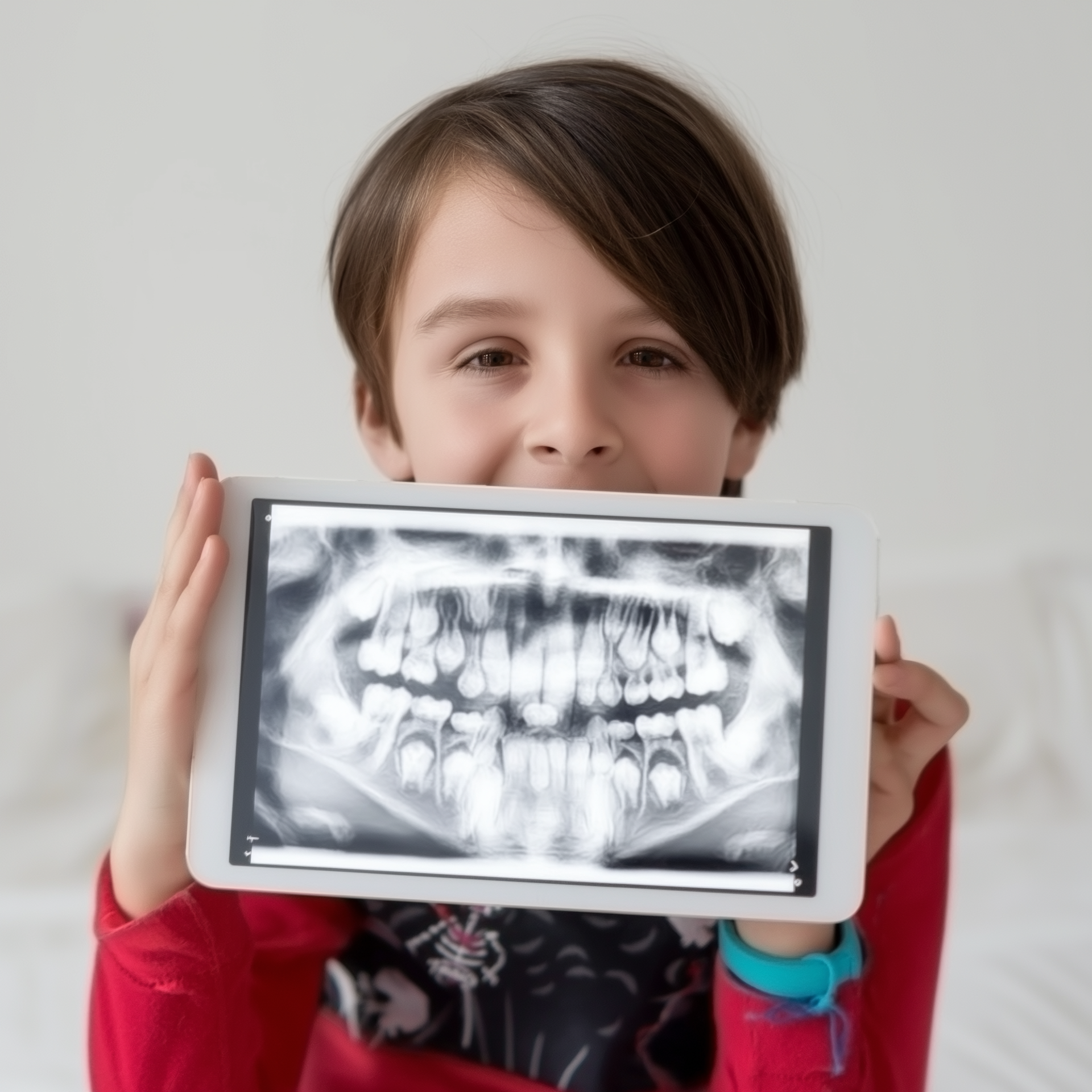 Boy smiling, holding tablet displaying dental X-ray of teeth.