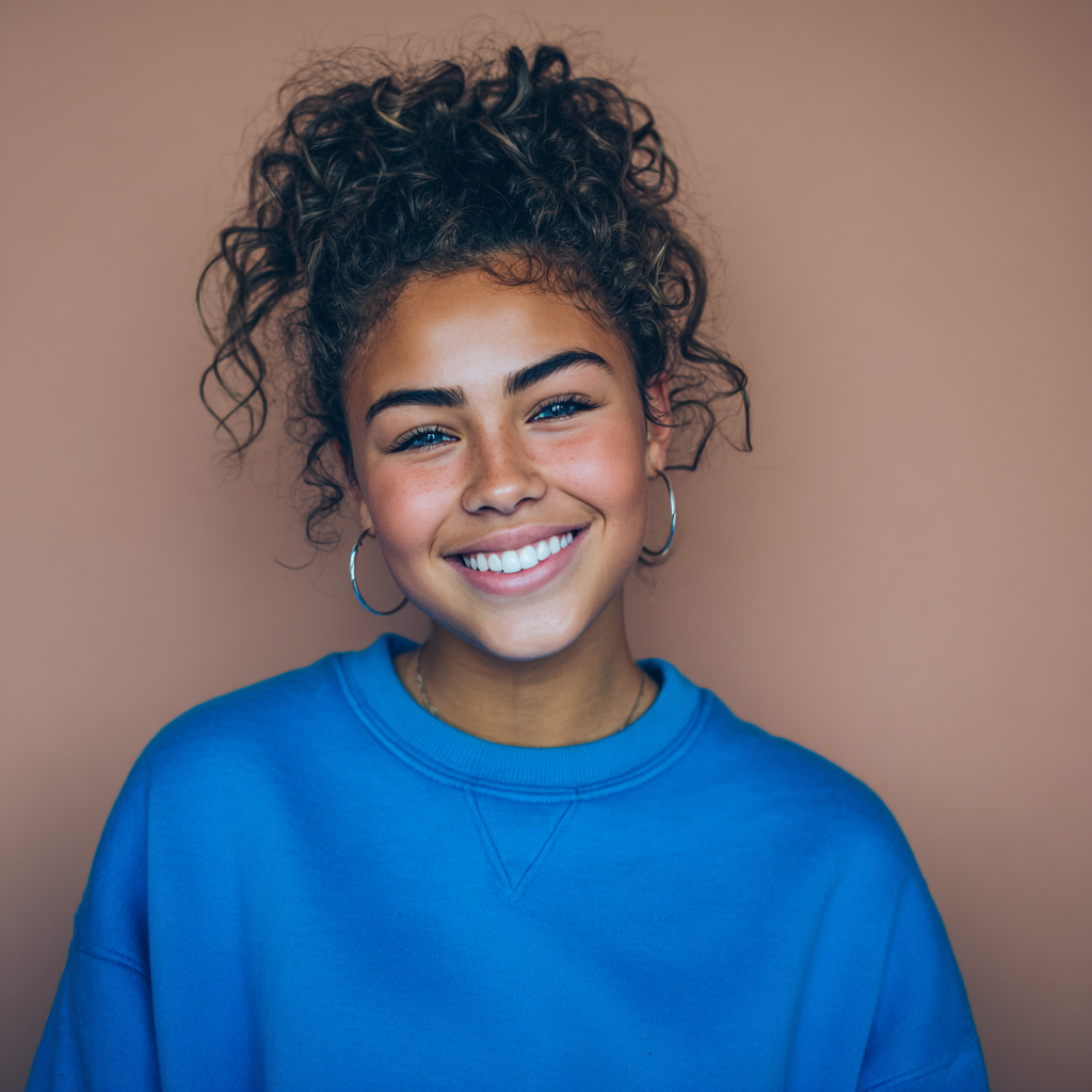 Woman with curly hair in a blue sweatshirt smiles broadly, wearing silver hoop earrings, against a neutral backdrop.