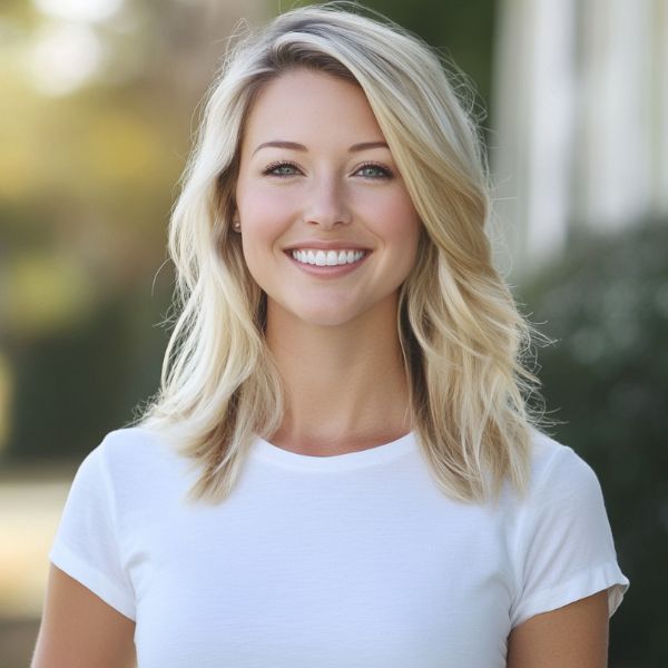 A woman in a white shirt is smiling for the camera